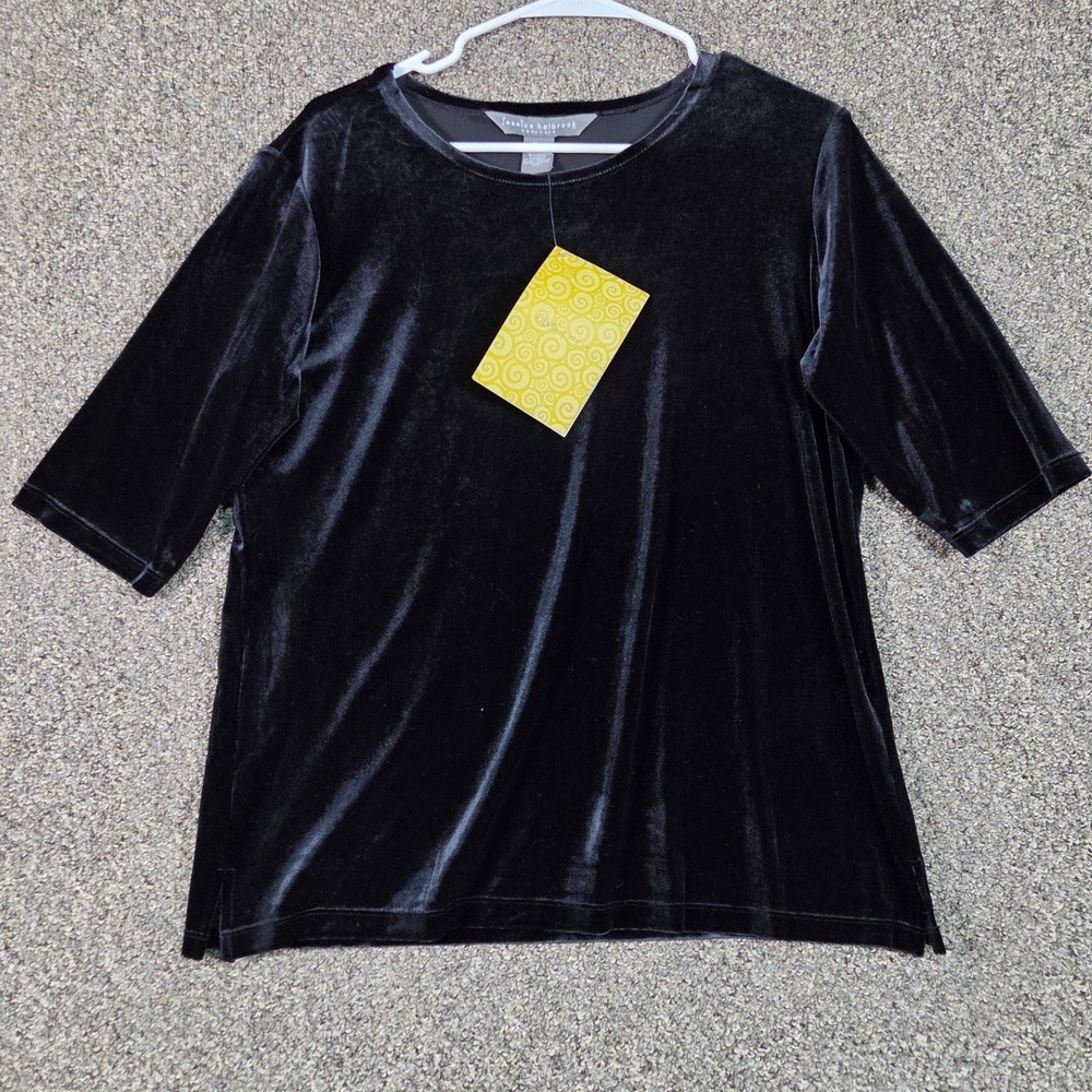 Jessica Holbrook Velvet Top Women Size M Black Short Sleeve Easy Care Blouse NWT